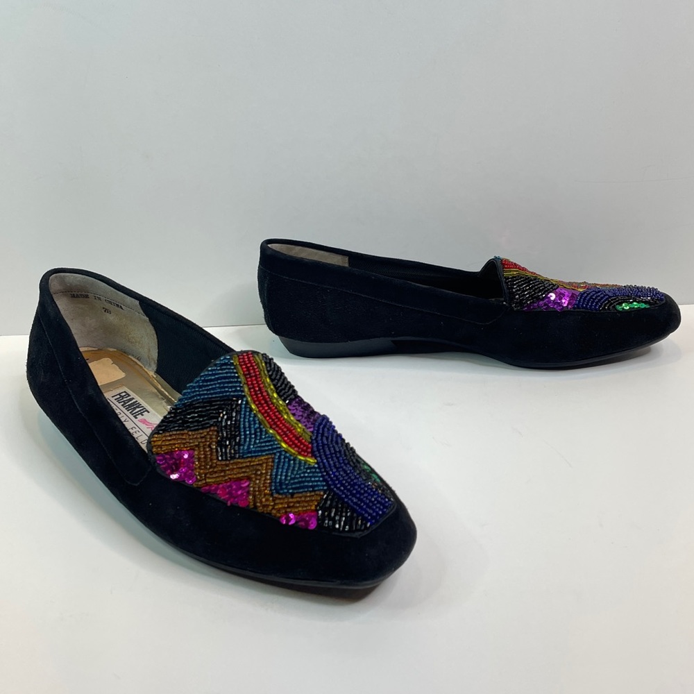 Beverly Feldman Black Suede Bedazzled Glass Bead/Sequin Loafers size 7